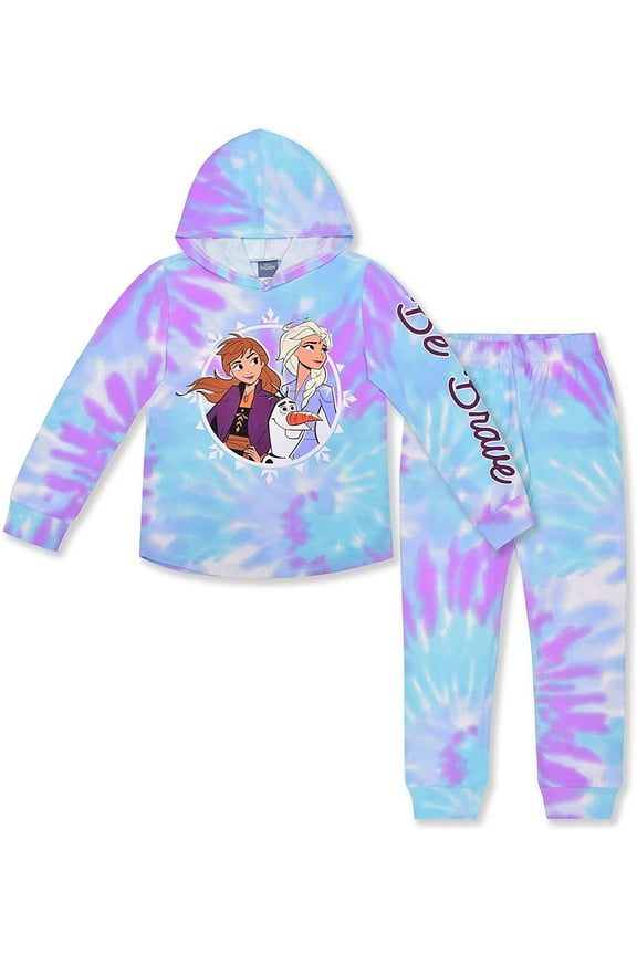 Frozen Elsa and Anna Girls 2 Piece Tie Dye Hoodie and Jogger Set (Loungewear Style), Toddler