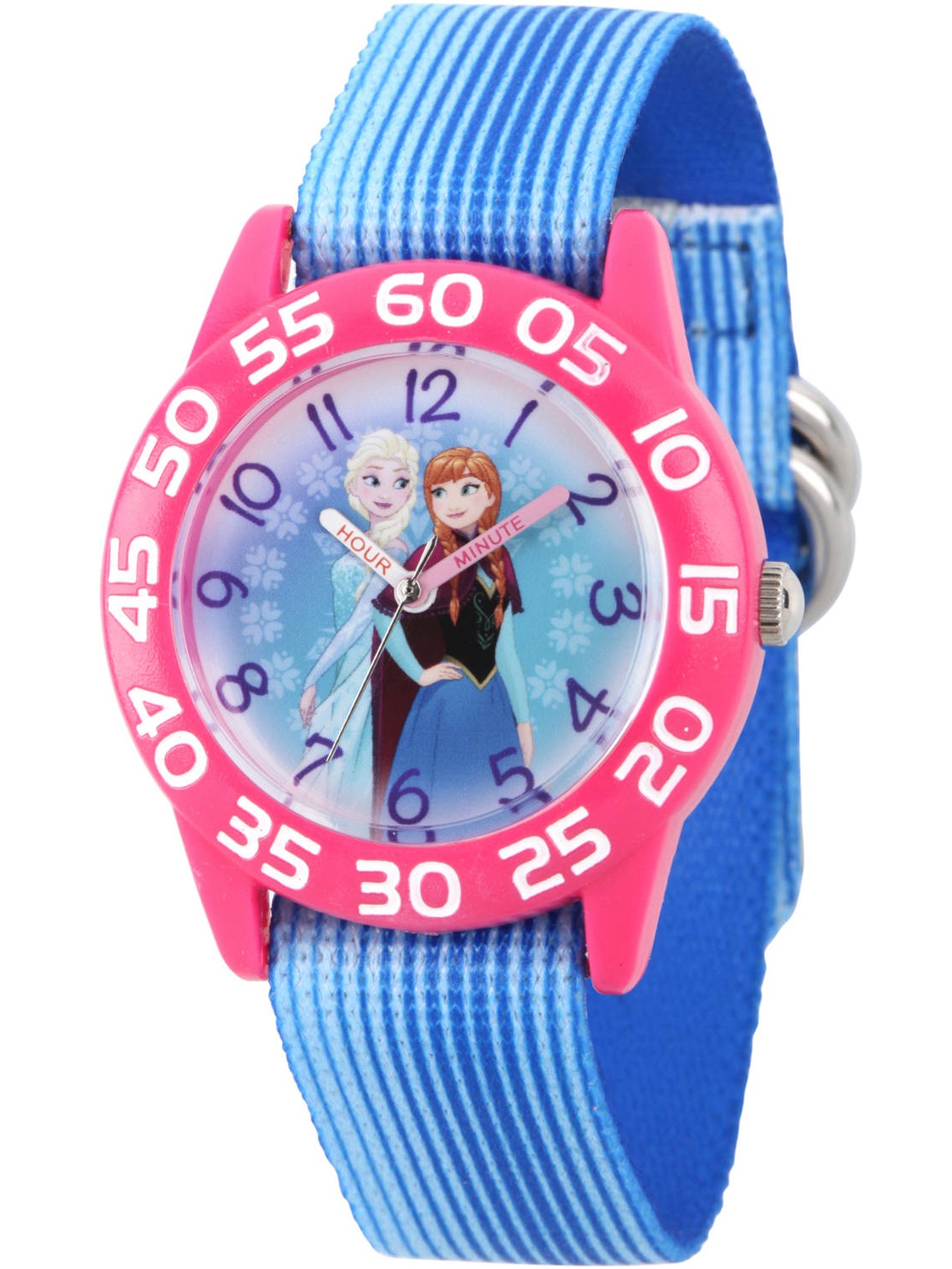 Frozen Elsa and Anna Girls' Pink Plastic Time Teacher Watch, Blue Stripe Stretchy Nylon Strap - image 1 of 6