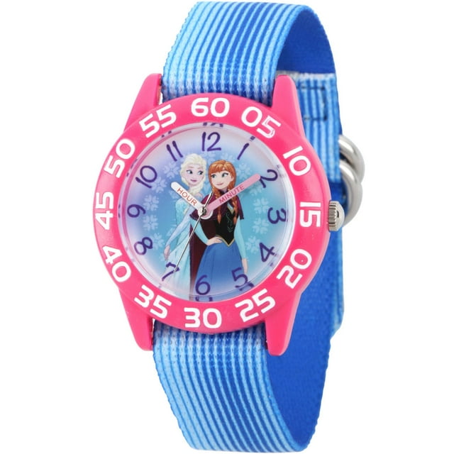 Frozen Elsa and Anna Girls' Pink Plastic Time Teacher Watch, Blue Stripe Stretchy Nylon Strap