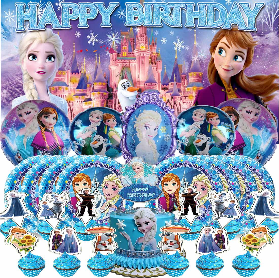 Frozen Girl Party Supplies Plates Decoration Backdrop Banner Birthday Decor Tableware Fans Balloons