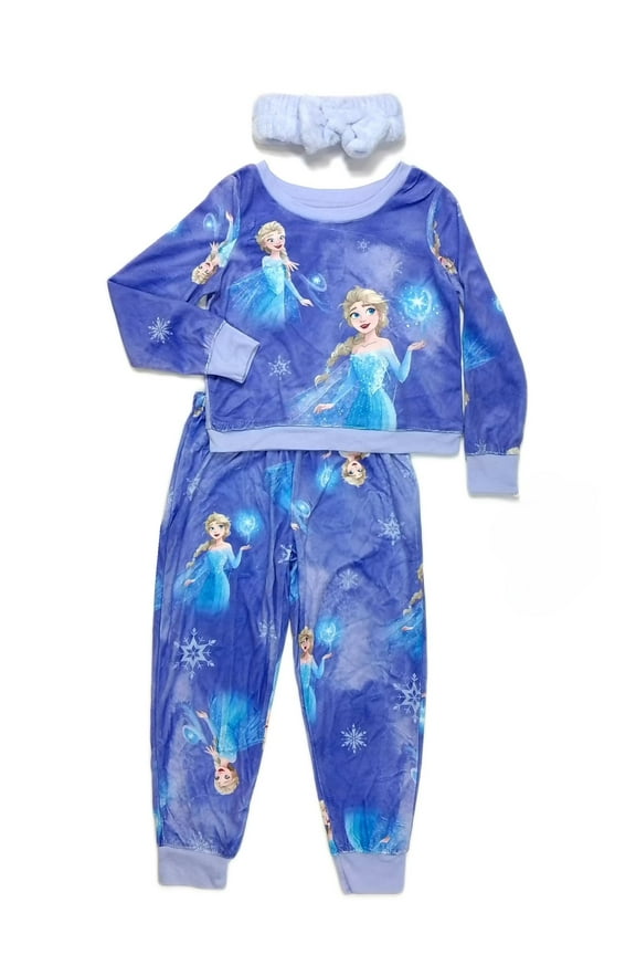 Frozen Girl's Elsa Velvety Soft Purple Print Pajama Set with Headband (Small 6/6X)