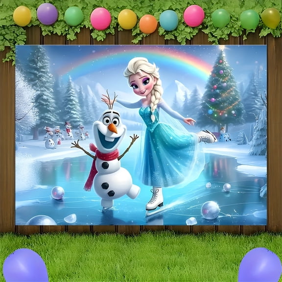 Frozen Happy birthday, polyester hanging background for holiday party decoration, winter fairyland scene with rainbow, snowman and Christmas tree, birthday party background with holiday winter theme