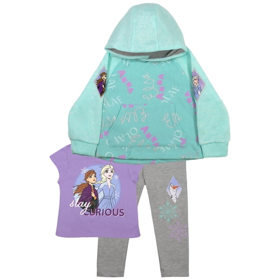 Frozen II Anna Elsa Disney Fleece Hoodie T-Shirt Athletic Pants 3-Piece Set (Size 3T-7)