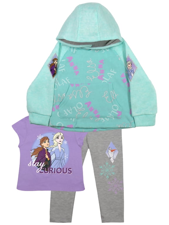 Frozen II Anna Elsa Disney Fleece Hoodie T-Shirt Athletic Pants 3-Piece Set (Size 3T-7)