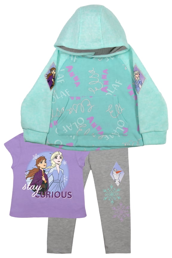 Frozen II Anna Elsa Disney Fleece Hoodie T-Shirt Athletic Pants 3-Piece Set (Size 3T-7)