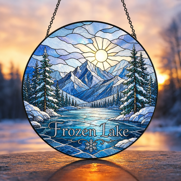 Frozen Lake Suncatcher Window Hanging Acrylic Mountain Winter Landscape Gift