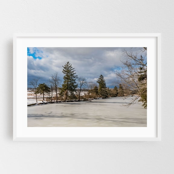 Frozen Marsh Creek, Gettysburg PA in Winter - Gettysburg Pennsylvania Photography Winter Snow Lake Nature Scenic Landscape Woodland White Framed Wall Art Print 12 x 18 inches