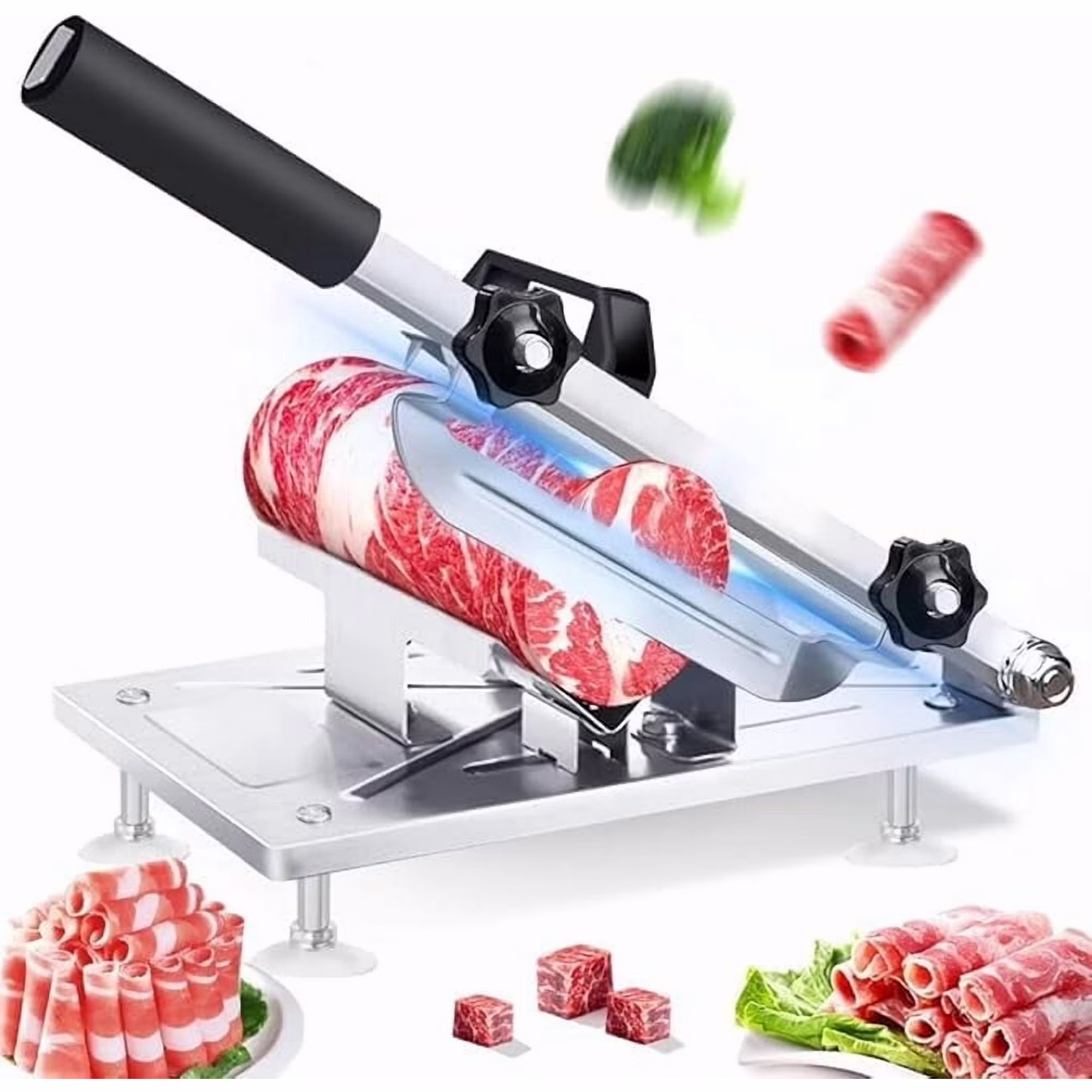 Frozen Meat Slicer Stainless Steel Manual Meat Slicer Meat Food Slicer with Anti Slip Suction Cups Thickness Adjustable Meat Cutting Machine Easy to Use Frozen Meat Slicer for Home