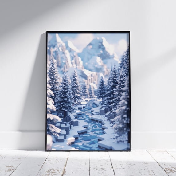 Frozen Mountain Forest Wall Art Poster – Winter River Landscape ...