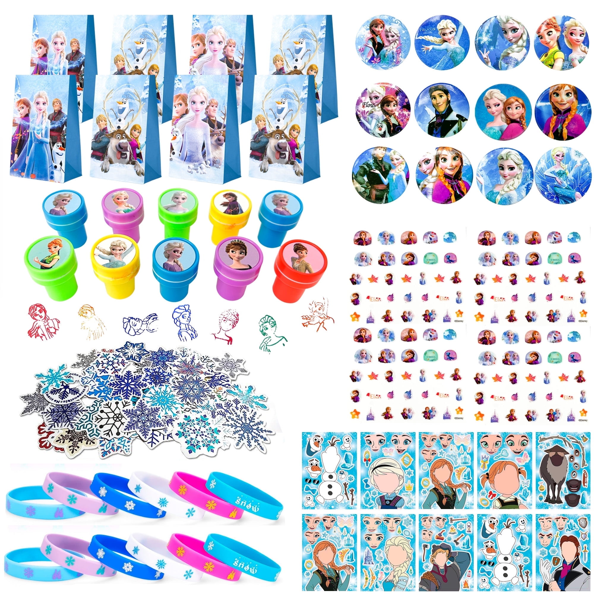 Frozen Party Favors,115pcs All-in-One Frozen Birthday Party Favors Set Including Frozen Party Favor Bags Stamper Stickers Badges etc Elsa Party Favors for Frozen Party Decorations Supplies