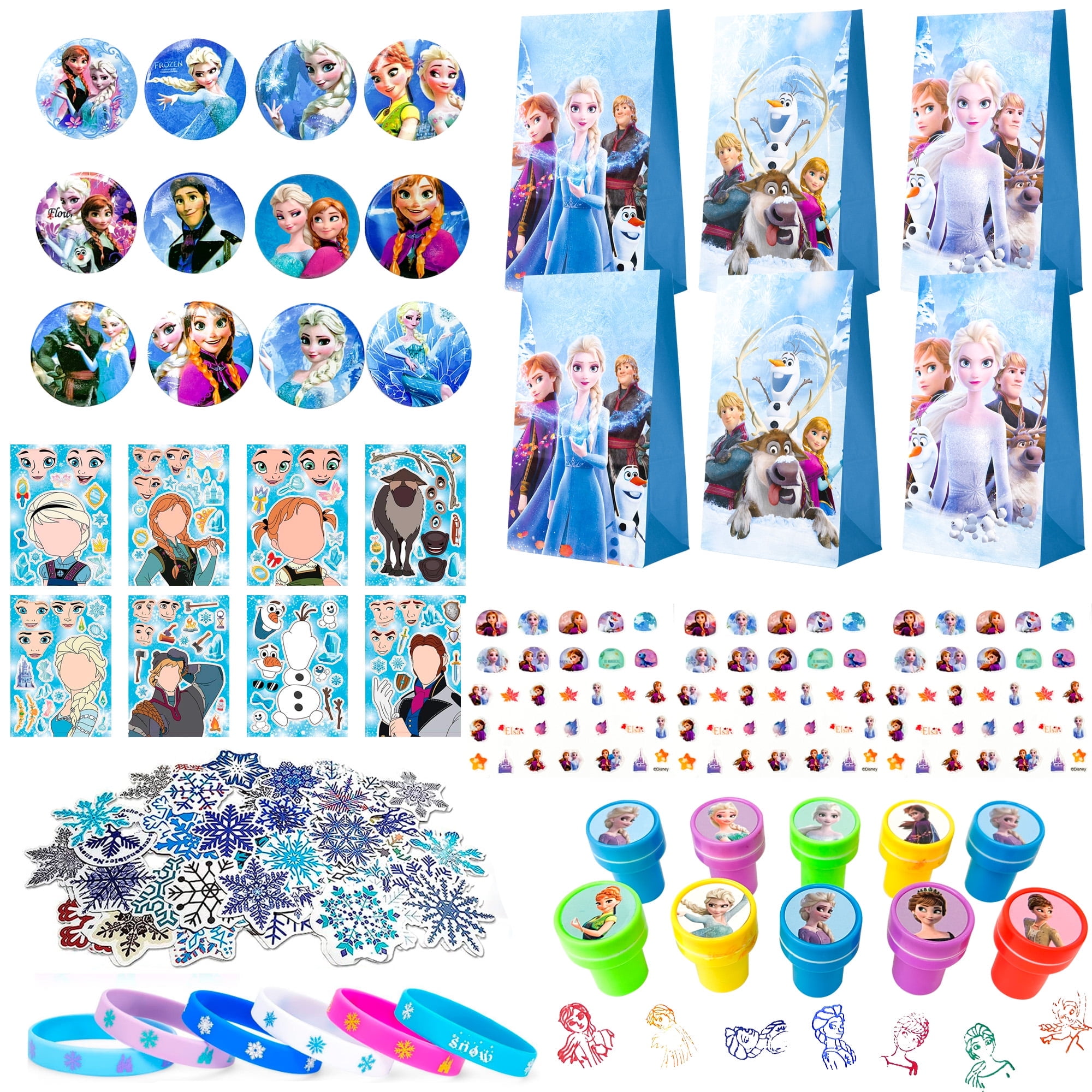 Frozen Party Favors,115pcs All-in-One Frozen Birthday Party Favors Set Including Frozen Party Favor Bags Stamper Stickers Badges etc Elsa Party Favors for Frozen Party Decorations Supplies