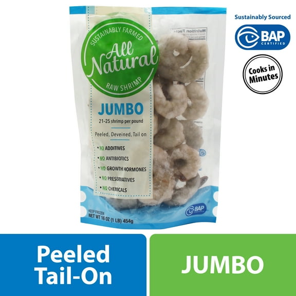 Frozen Raw Jumbo All Natural Peeled & Deveined, Tail-on Shrimp, 1 lb (21-25 Count per lb)