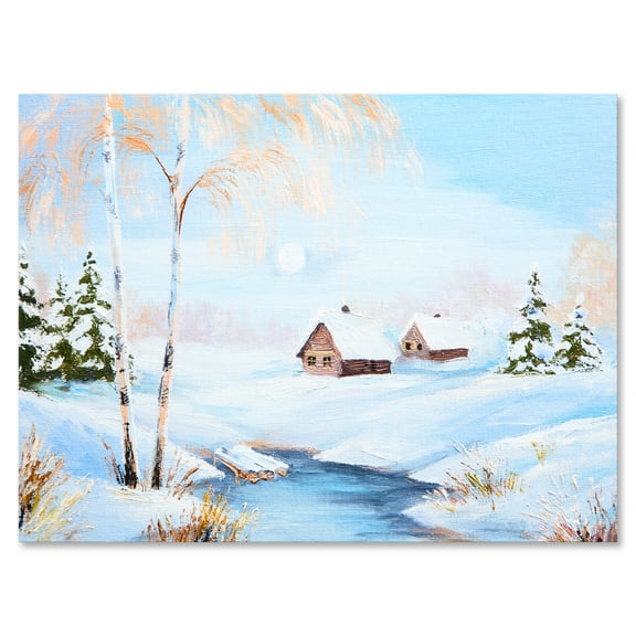 Frozen River In The Forest Winter Landscape 12 in x 8 in Painting Canvas Art Print, by Designart