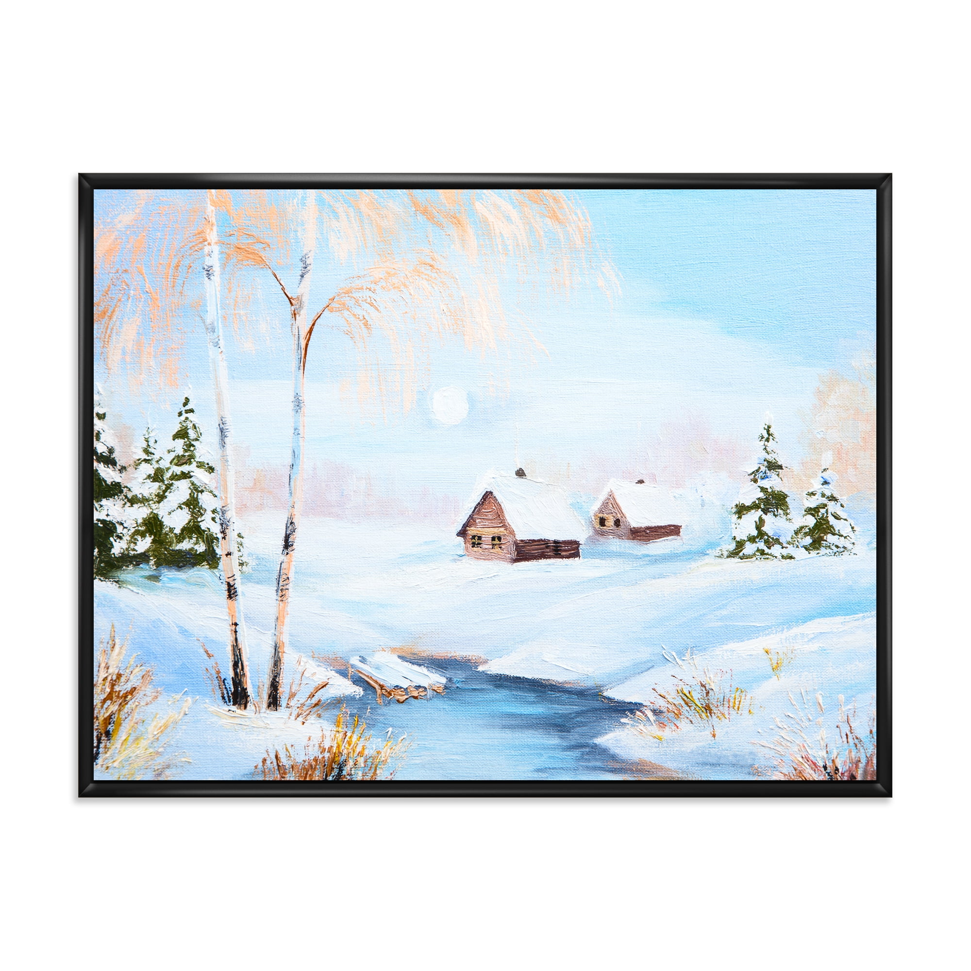 Frozen River In The Forest Winter Landscape 40 in x 30 in Framed Painting Canvas Art Print, by Designart