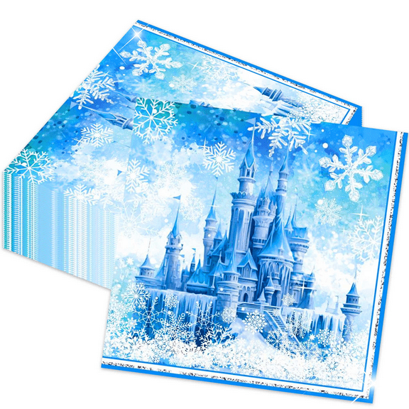 Frozen Theme Party Decorative Napkins - Snow Castle & Snowflake Design, Silver Foil Trim, 2 Sizes (16.5cm/33cm), 40-Pack 3-Ply Disposable Paper Napkins