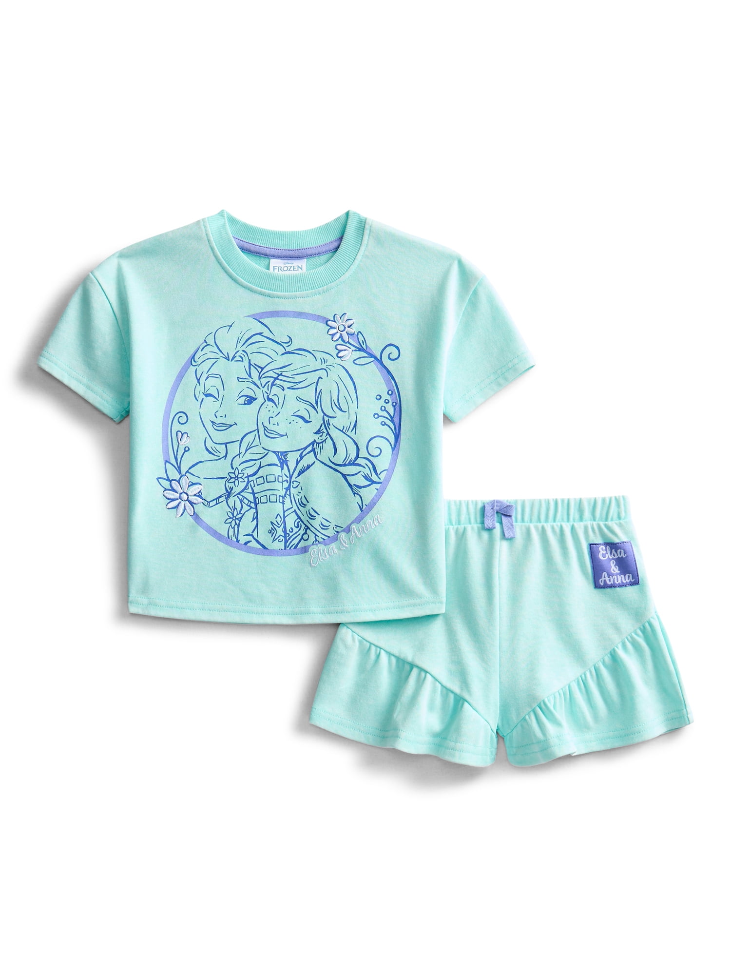 Frozen Toddler Girls' Short Sleeve Graphic Tee and Matching Ruffle Shorts Set, 2-Piece, Sizes 12M-5T