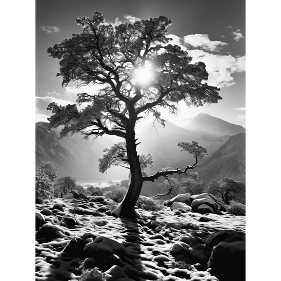 Frozen Tree Outline in Mountain Forest Landscape Covered in Snow Black and White Photograph Winter Sunshine Unframed Wall Art Print Poster Home Decor Premium