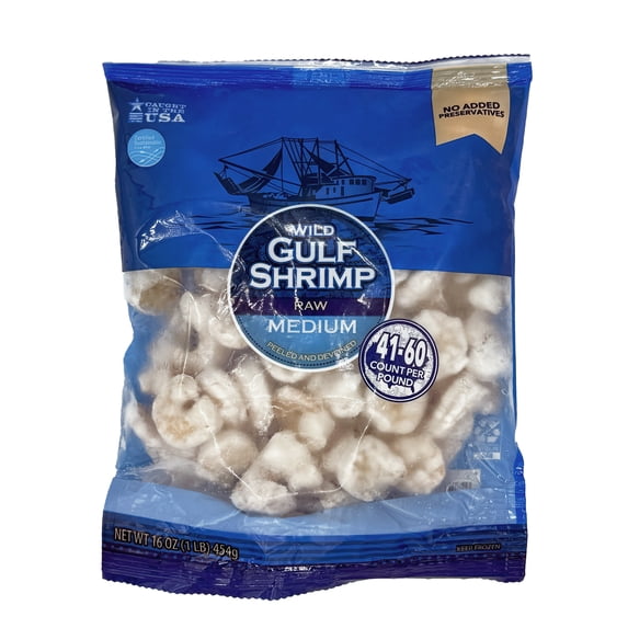 Frozen Wild Gulf Medium 41-60 Raw Shrimp, Peeled and Deveined, 16 oz Bag