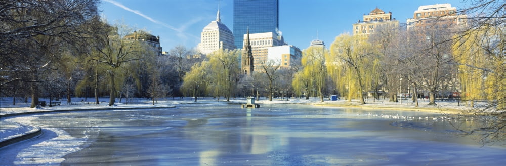 Frozen river with skyscrapers in the background Boston Massachusetts USA Canvas Art - Panoramic Images (36 x 12)