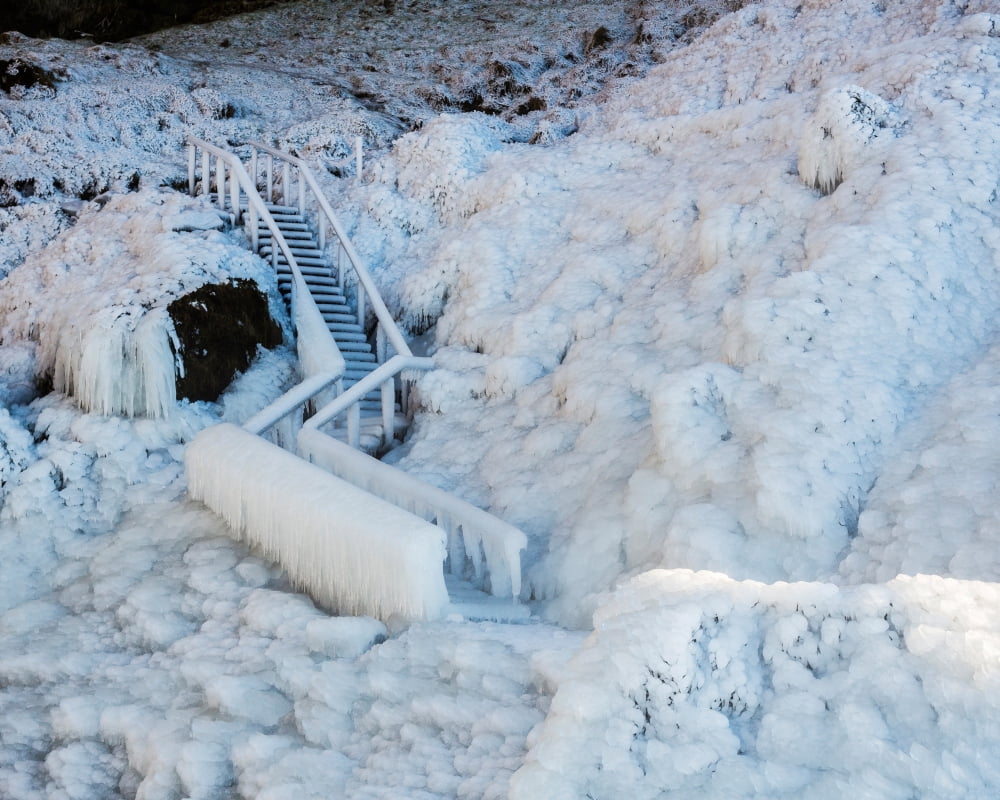 Frozen staircase by Seljalandsfoss Waterfall in the Winter Iceland Canvas Art - Panoramic Images (29 x 36)