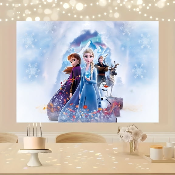 FrozenBirthday Banner - Festive Polyester Backdrop with Snowflakes and Castle Design, Perfect for Youngsters' Party Decorations and Photo Ops, Birthday Party Decorations