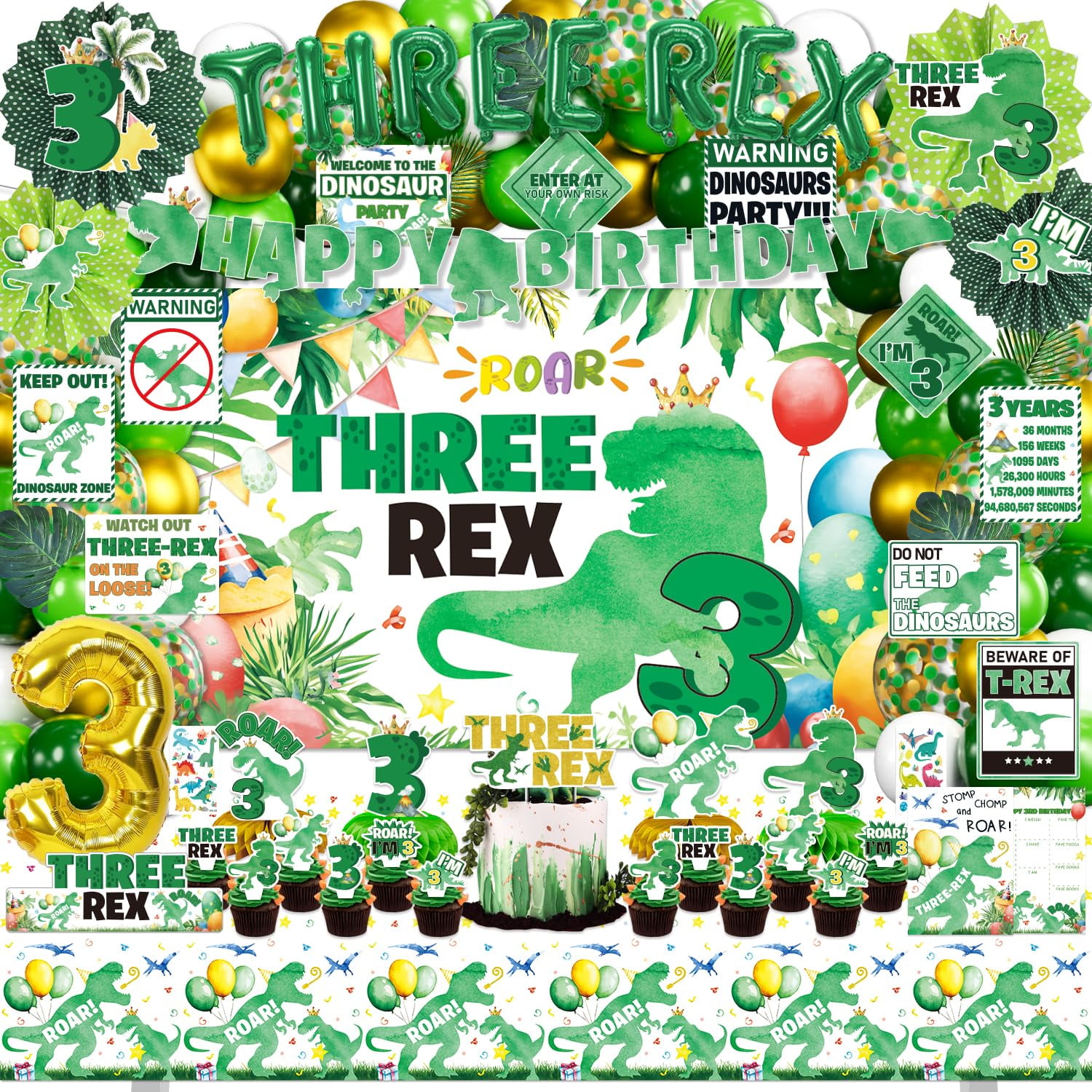 Dinosaur 3rd Birthday Banner – Watercolor Dino Backdrop For Boys Party Decor