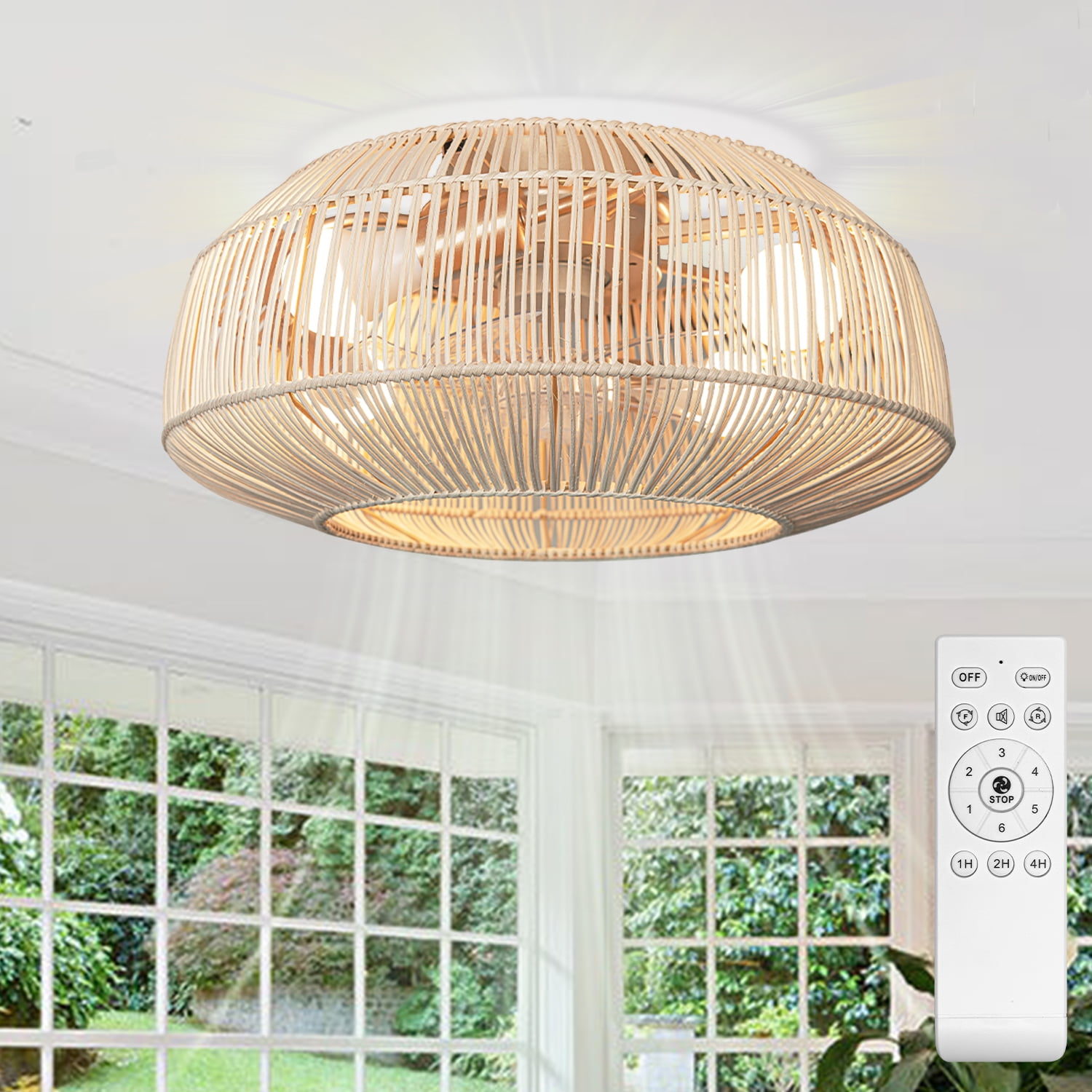 Frstem 20" Boho Rattan Ceiling Fan With Light & Remote – Wicker Cage, Bladeless Design, 6-Speeds, For Sloped Ceilings