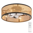 thumbnail image 1 of Frstem Boho Style Rattan Fandelier, 20" Flush Mount Ceiling Fan with Light & Remote Control, Drum Shade, Bladeless/Quiet Motor/Low Profile, for Kitchen Bedroom Living Room (Black & Rattan), 1 of 12