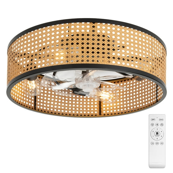 Frstem Boho Style Rattan Fandelier, 20" Flush Mount Ceiling Fan with Light & Remote Control, Drum Shade, Bladeless/Quiet Motor/Low Profile, for Kitchen Bedroom Living Room (Black & Rattan)