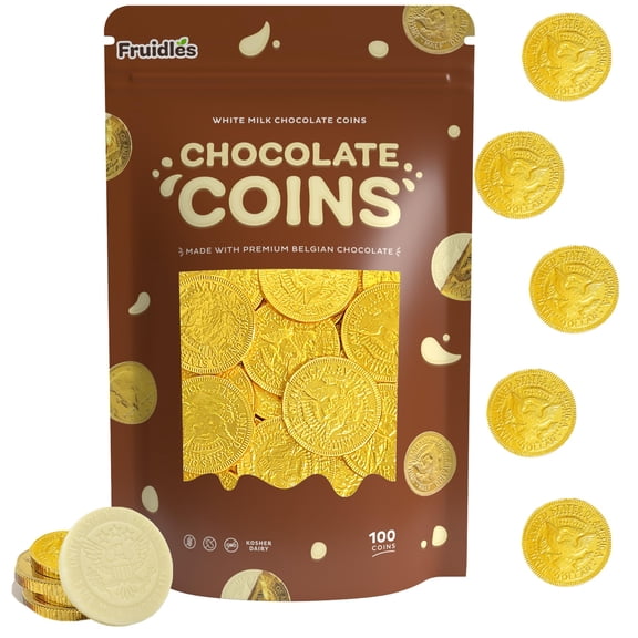 Fruidles White Belgian Milk Chocolate Coins, Kosher Certified Dairy, Non GMO - (Pack of 100)