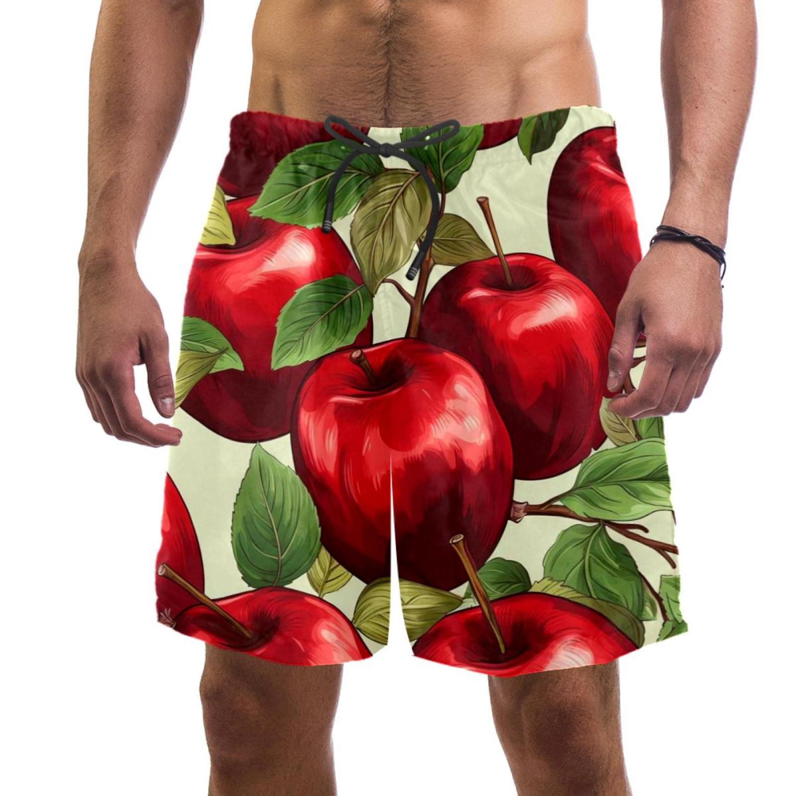 Fruit Apple with Leaves Men Beach Shorts with Elastic, Casual Drawstring Volleyball Board Shorts