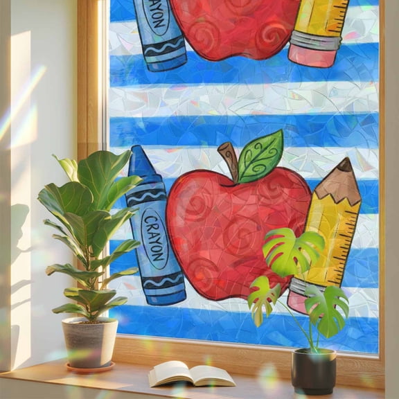 Fruit Apples Pencils Crayons Window Privacy Film, Rainbow Film Decorative Window Sticker 17.7x39.3in, Blue Striped Sun Blocking Static Stained Glass Cling Tint Non-Adhesive