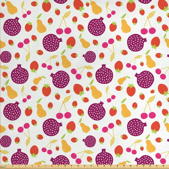 Fruit Art Fabric by the Yard, Pomegranates Cherries Strawberries and Pears on Plain Background, Decorative Upholstery Fabric for Chairs & Home Accents, Dark Magenta and Mustard by Ambesonne