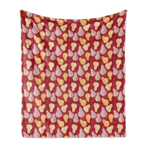 Fruit Art Soft Flannel Fleece Throw Blanket, Pears and Leaves in Abstract Design Watercolor Art Paint Print, Cozy Plush for Indoor and Outdoor Use, 50" x 70", Raspberry and Multicolor, by Ambesonne