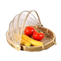Fruit Basket, 13.7" Bamboo Food Serving Tent Basket Hand-Woven Basket Serving Dustproof Round Picnic Basket Vegetable Fruits Bread Food Home Food Storage Basket with Mesh Gauze Cover Container