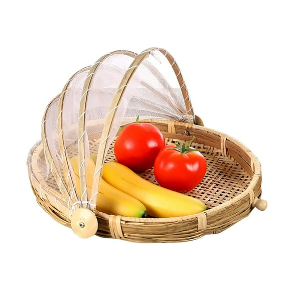 Fruit Basket, 13.7" Bamboo Food Serving Tent Basket Hand-Woven Basket Serving Dustproof Round Picnic Basket Vegetable Fruits Bread Food Home Food Storage Basket with Mesh Gauze Cover Container