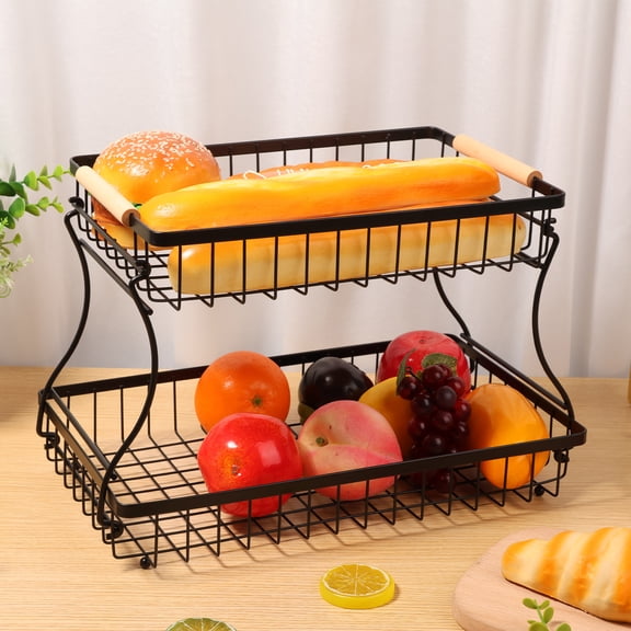 Fruit Basket 2 Layers Storage Rack Sturdy Iron Fruit Holder Multipurpose Space Saving Storage Basket for Fruit Vegetable Snack Bread