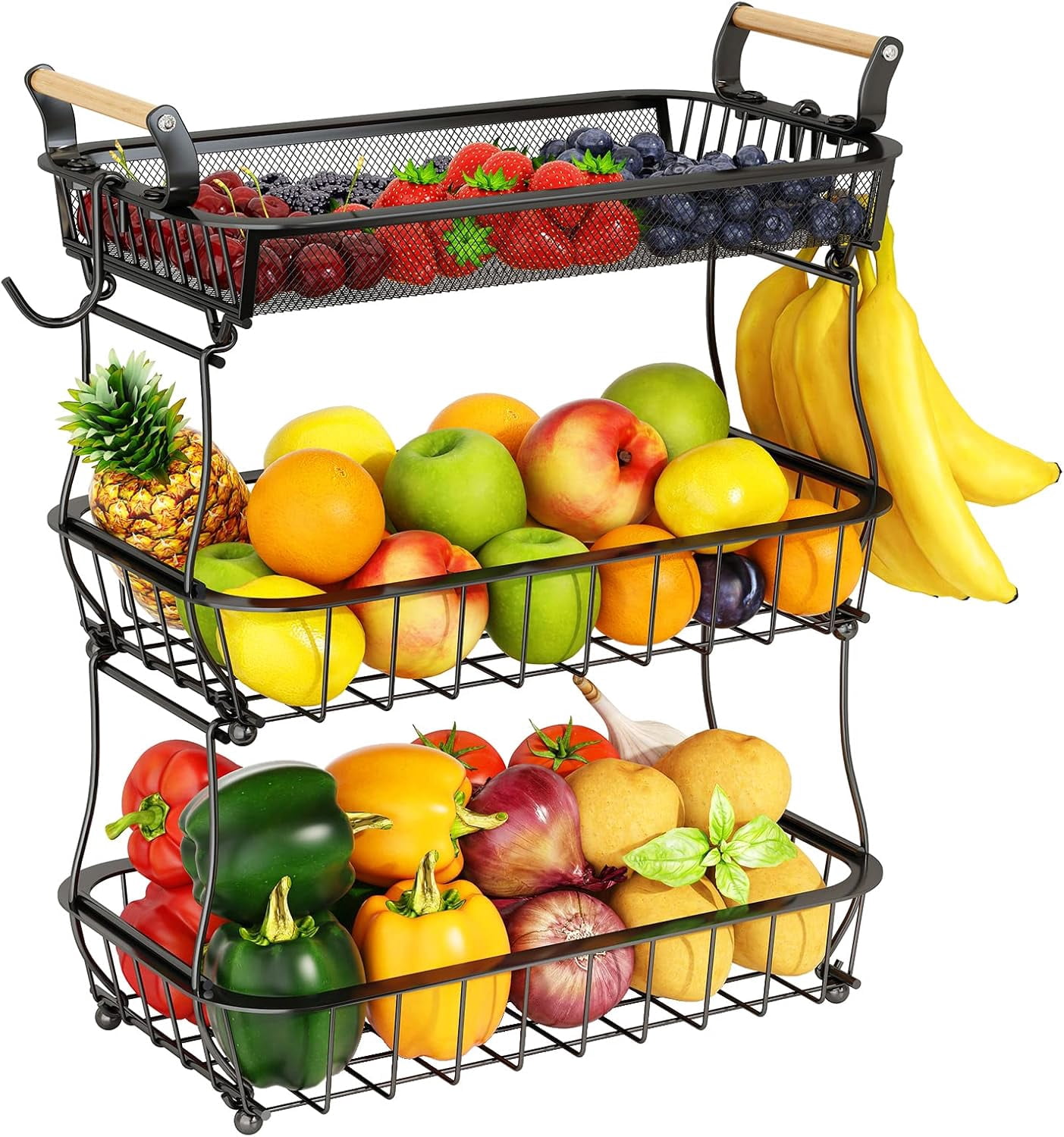 Fruit Basket 3 Tier with 2 Banana Hangers, Countertop Fruit Vegetable Basket Bowl for Kitchen Counter Metal Mesh Basket Fruits Stand Produce Holder Organizer for Onion Potato Bread Snack Veggie