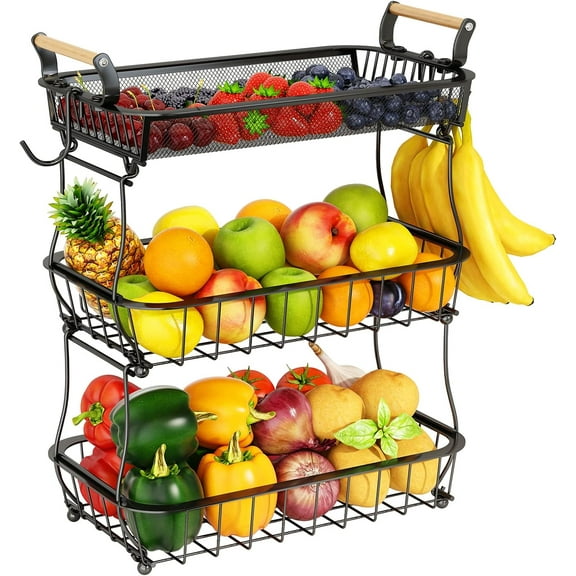 Fruit Basket 3 Tier with 2 Banana Hangers, Countertop Fruit Vegetable Basket Bowl for Kitchen Counter Metal Mesh Basket Fruits Stand Produce Holder Organizer for Onion Potato Bread Snack Veggie