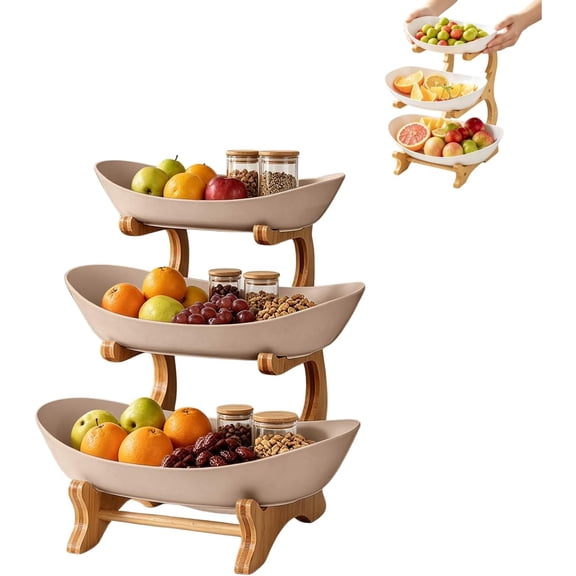 Oval Fruit Basket, 3-Tier, with Bamboo Stand, for Countertop