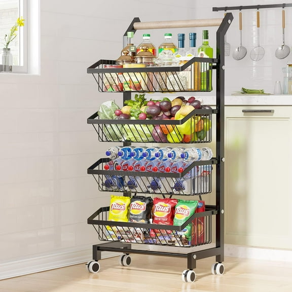 Snack Cart with Wheels 4-Tier Adjustable Fruit Rack Fruit Vegetable Basket Cart Metal Wire Storage Cart Rolling Pantry Utility Kitchen Cart