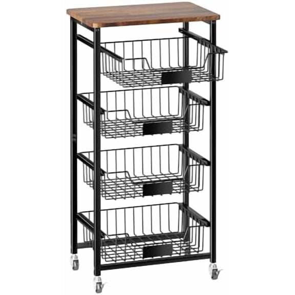 Fruit Basket, 5-Tier Utility Kitchen Organizer and Storage Cart with Pull-Out Baskets and Wood Top, Rolling Pantry Kitchen Cart on Wheels for Fruit Potato Onion Vegetable Snack Produce