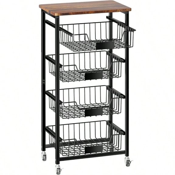 Fruit Basket, 5-Tier Utility Kitchen Organizer and Storage Cart with Pull-Out Baskets and Wood Top, Rolling Pantry Kitchen Cart on Wheels for Fruit Potato Onion Vegetable Snack Produce