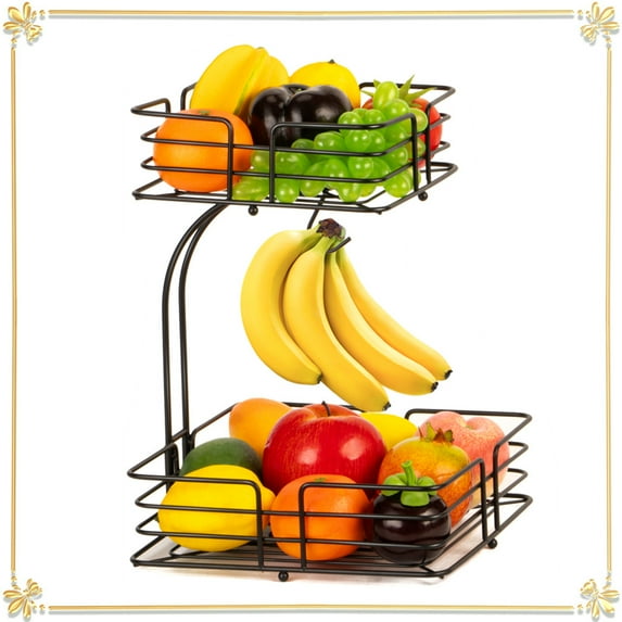 Fruit Basket, Auledio Fruit Basket with Banana Hanger Metal Fruit Vegetable Bowl Storage Organizer for Kitchen Hoom Decor , Black
