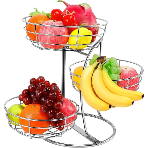 Fruit Basket Bowl with Banana Hanger, Fruit Vegetable Storage Basket with Banana Tree Holder for Kitchen Counter, Detachable Organizer for Bread Snack Produce (Chrome, 3-Tier Metal Base)