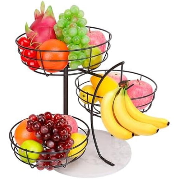 Fruit Basket Bowl with Banana Hanger, Metal Fruit Vegetable Storage Basket with Banana Holder for Kitchen Counter, Detachable Organizer for Bread Snack Produce (Black, 3-Tier Marble Base)