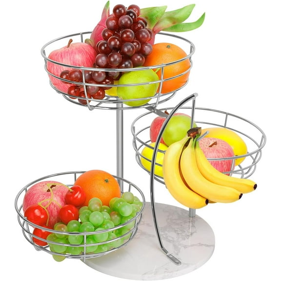 Fruit Basket Bowl with Banana Hanger, Metal Fruit Vegetable Storage Basket with Banana Holder for Kitchen Counter, Detachable Organizer for Bread Snack Produce (Chrome, 3-Tier Marble Base)