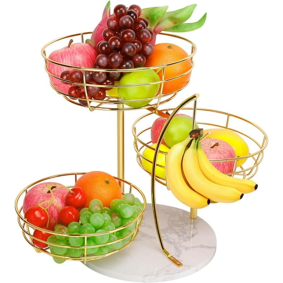 Fruit Basket Bowl with Banana Hanger, Metal Fruit Vegetable Storage Basket with Banana Holder for Kitchen Counter, Detachable Organizer for Bread Snack Produce (Gold, 3-Tier Marble Base)