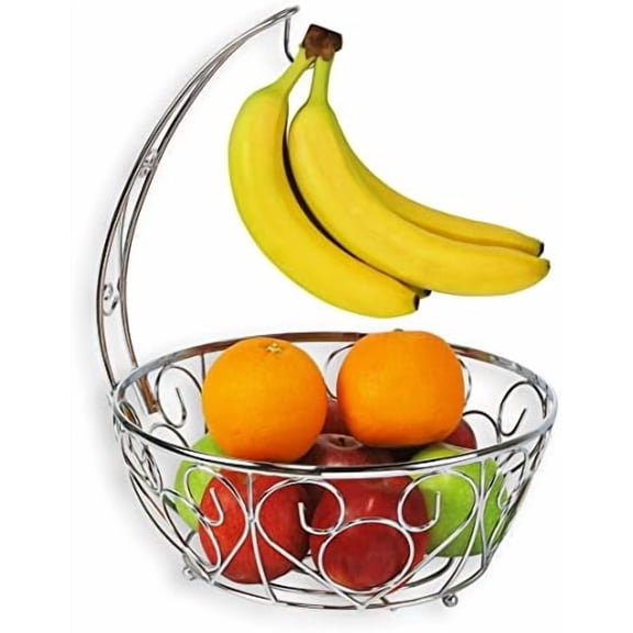 Fruit Basket Bowl with Banana Tree Hanger, Chrome Finish