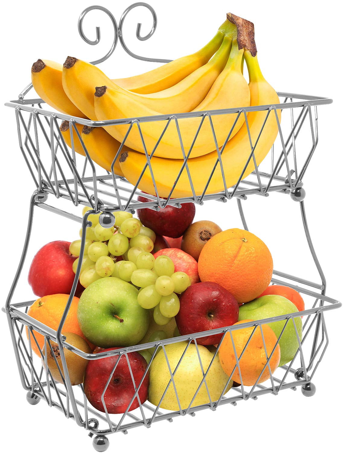Silver 2-Tier Rectangular Metal Fruit Basket Stand